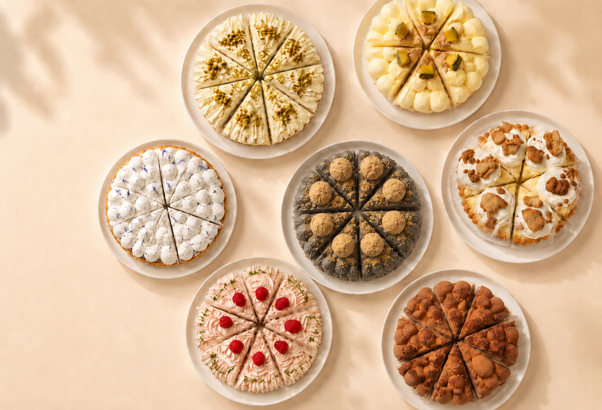 Seven whole tarts, sliced and arranged on cream plates